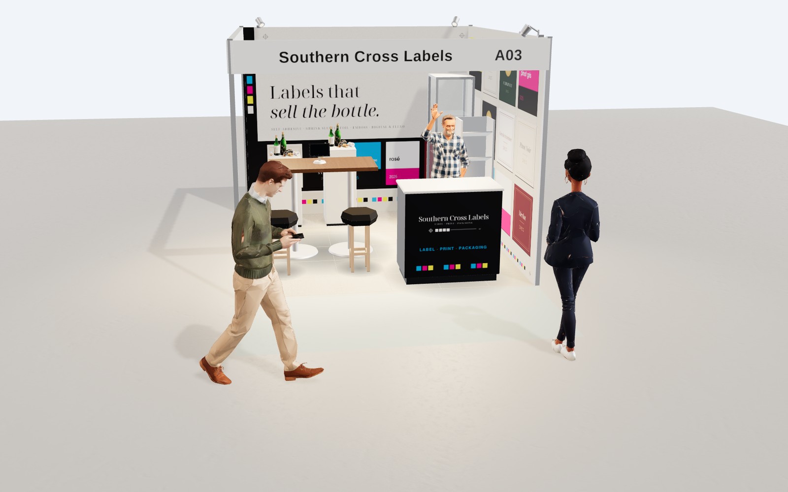 A furnished 3 × 3 m trade-show booth on the show floor with visitors gathered at it, seen from the aisle.