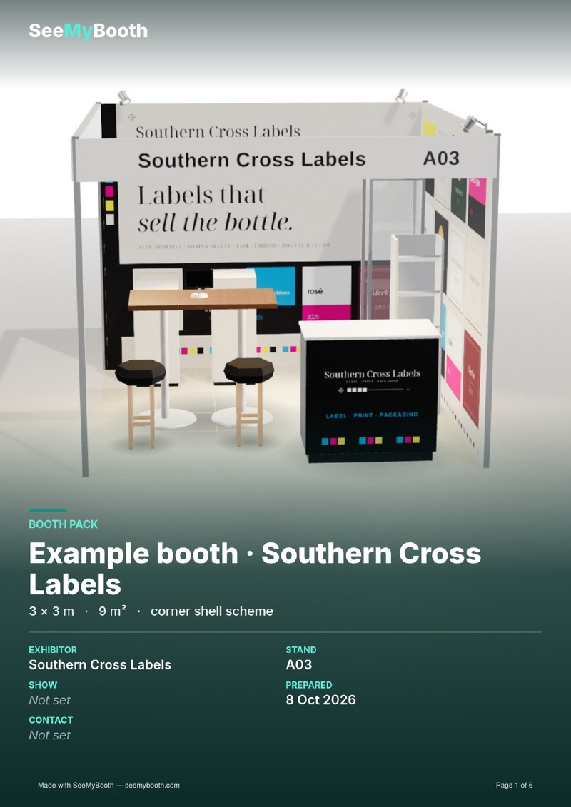 Booth Pack cover: a lit render of the booth with the booth name and free-floor summary.