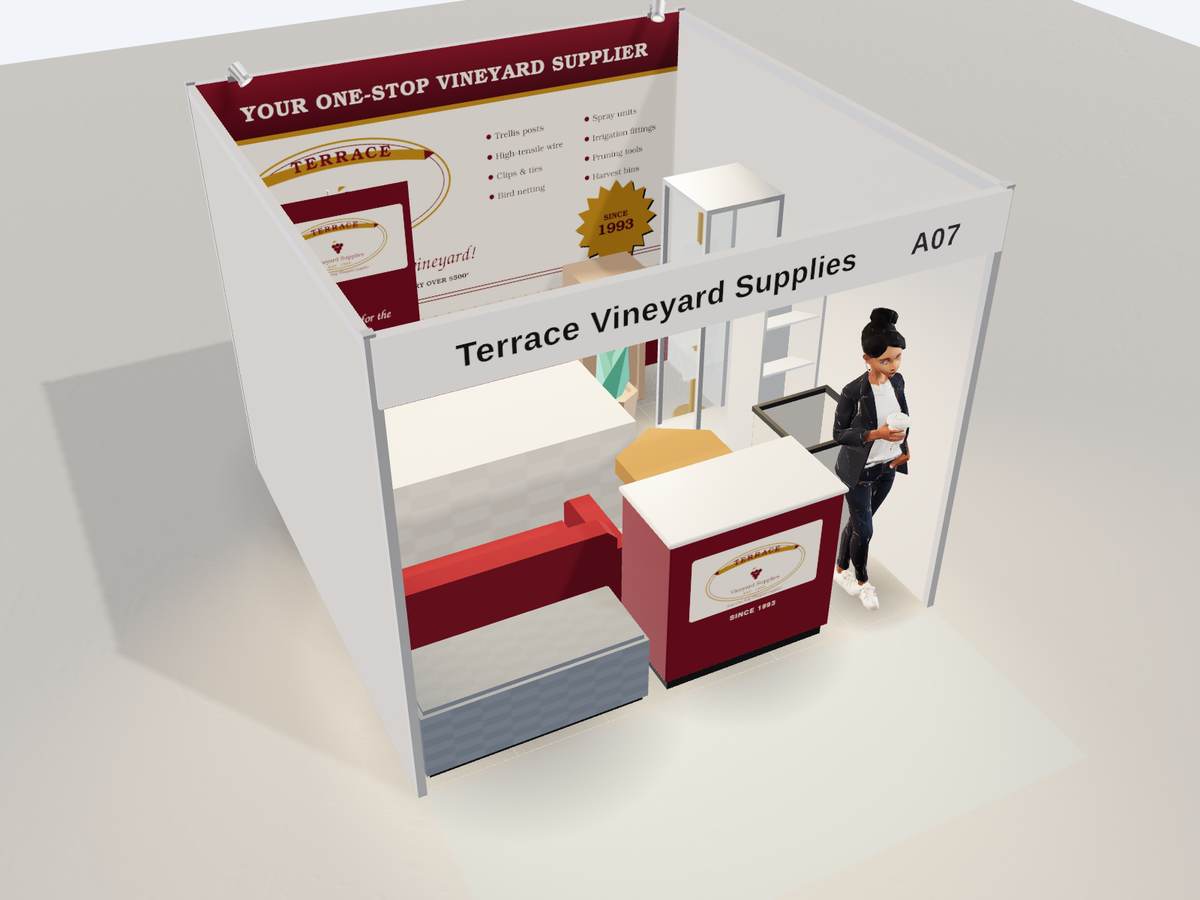 Stand A07, a 3 × 3 m booth seen from above the aisle: 12 hired items, 27% of the floor free.