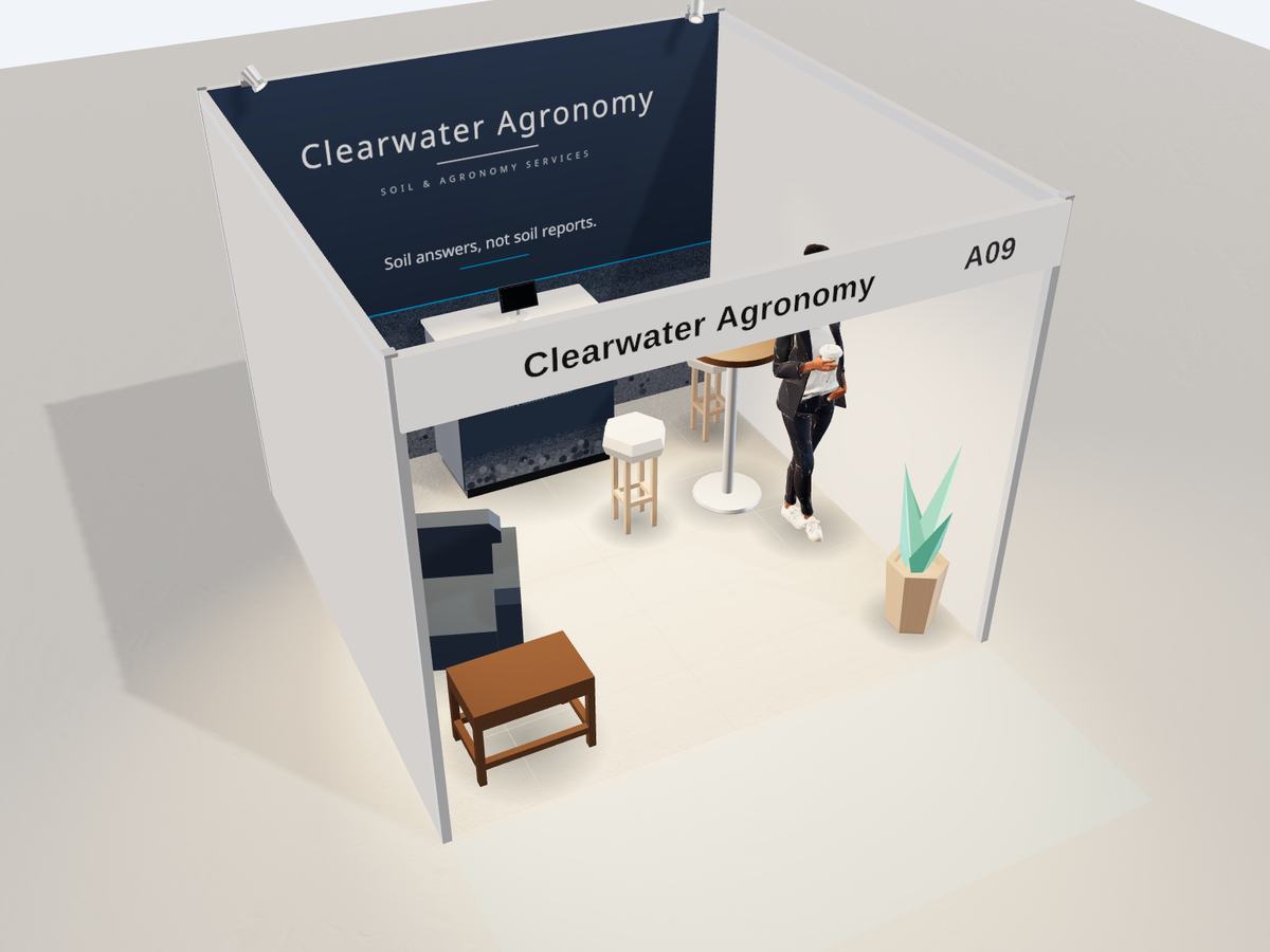 Stand A09, a 3 × 3 m booth seen from above the aisle: 8 hired items, 77% of the floor free.