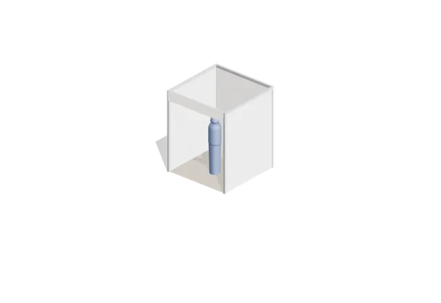 Empty 2 × 2 m shell-scheme booth rendered in 3D, with a 1.75 m person standing in it for scale
