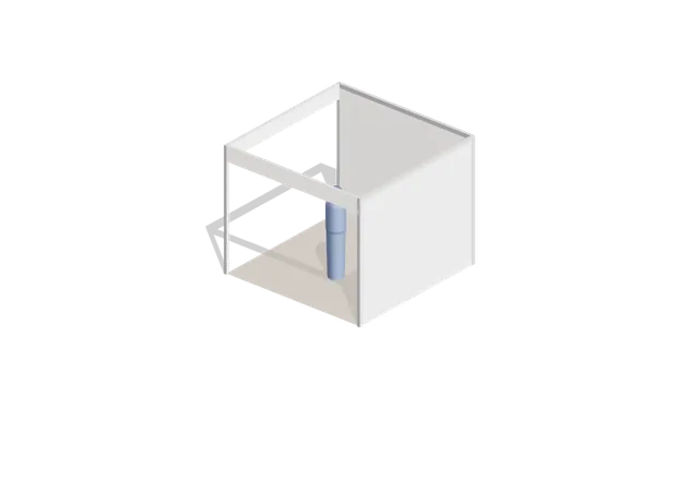 Empty 3 × 3 m shell-scheme booth rendered in 3D, with a 1.75 m person standing in it for scale