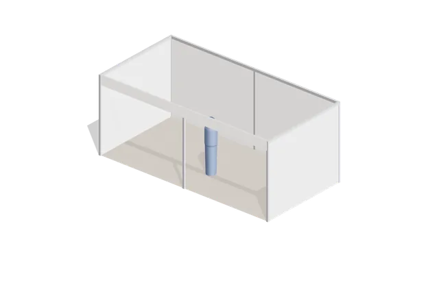 Empty 3 × 6 m shell-scheme booth rendered in 3D, with a 1.75 m person standing in it for scale