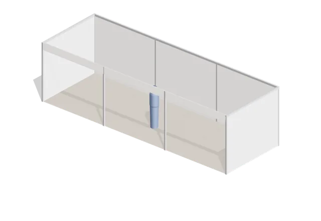 Empty 3 × 9 m shell-scheme booth rendered in 3D, with a 1.75 m person standing in it for scale