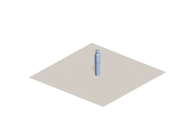 Empty 6 × 6 m island shell-scheme booth rendered in 3D, with a 1.75 m person standing in it for scale